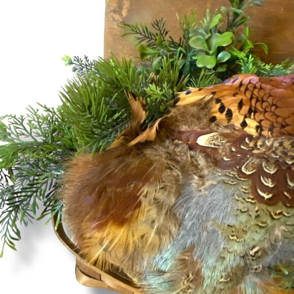 Pheasant Basket Pine Floral Decor Arrangement Holiday Festive - Picture 2 of 7